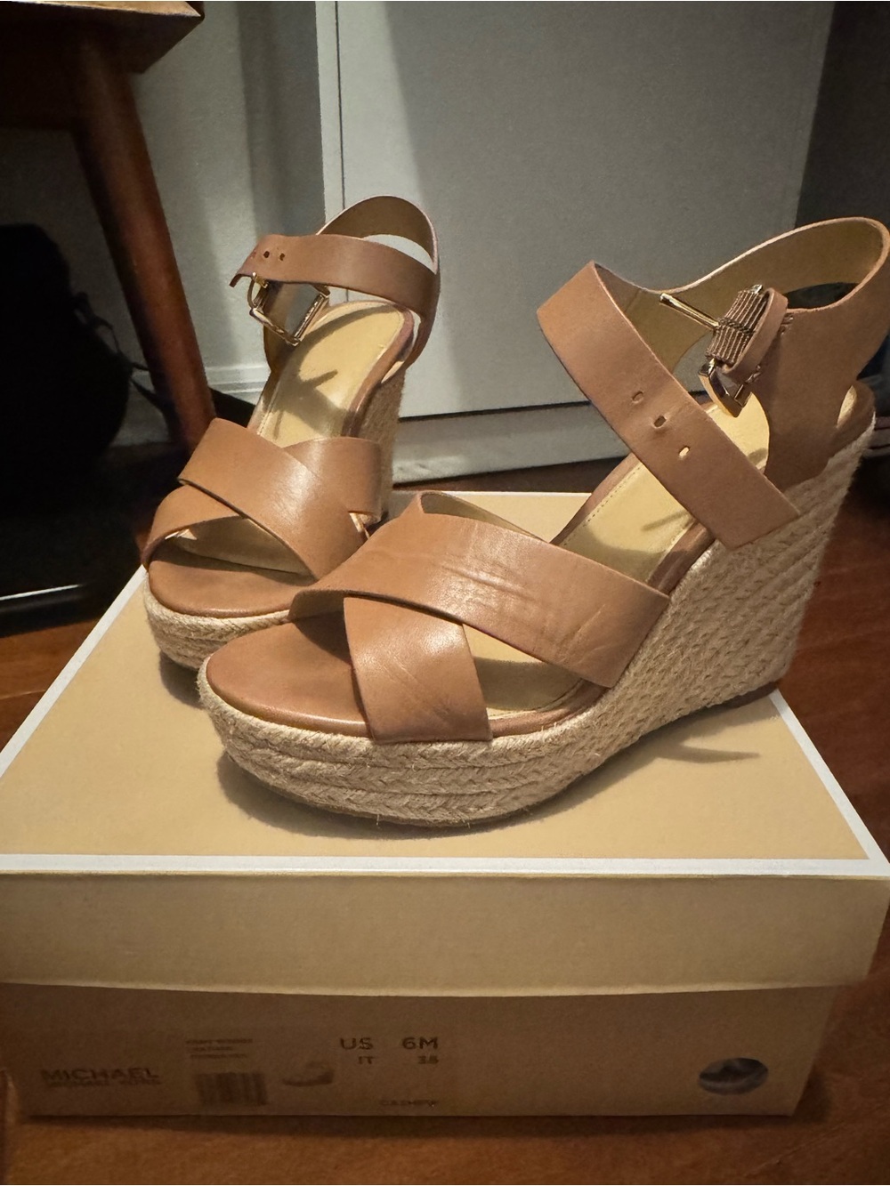 Michael Kors Cognac Leather Espadrille Wedge Sandals